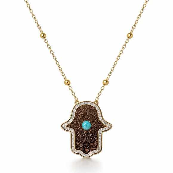 Jewelry - Elegant Gold and Brown Hamsa Pendant Necklace